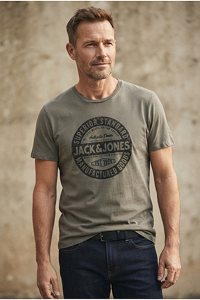 JACK & JONES Pánské Khaki Bavlněné Tričko S Krátkým Rukávem A Potiskem Vel. M