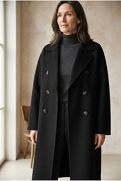 MANGO Dámský Vlněný Dvouřadý Kabát Dlouhý Elegantní černý Velikost EU M