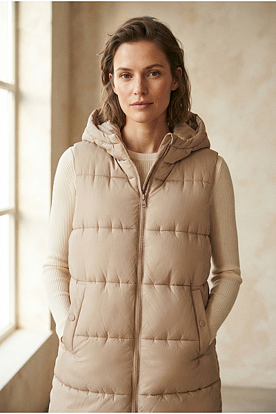 VERO MODA Béžová Prošívaná Zateplená Vesta S Kapucí Velikost S