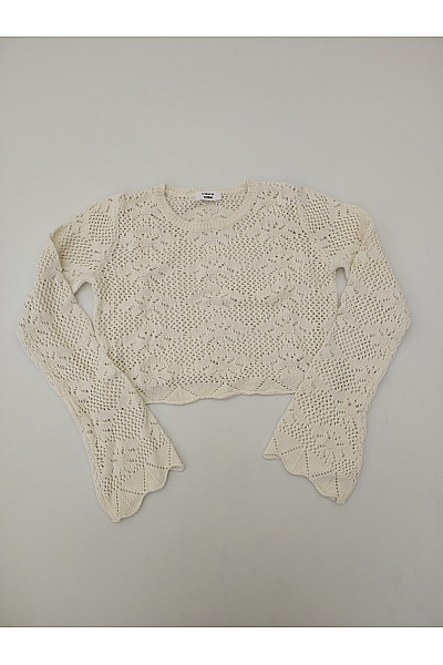 Béžová háčkovaná crop halenka s dlouhými zvonovými rukávy Vel. 38 | Unimoda | obrázek 2