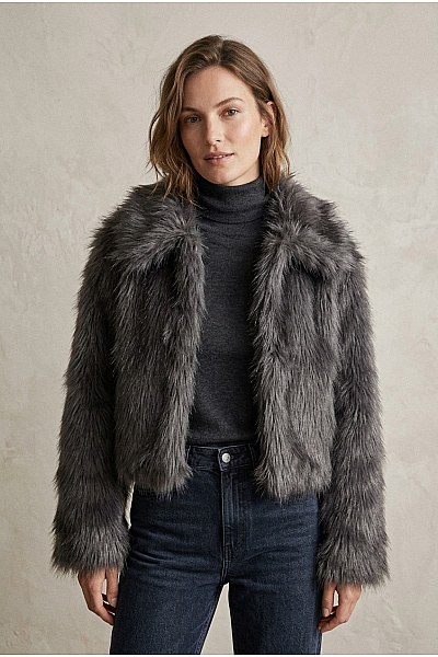 Topshop Dámský Krátký Chlupatý Kabát S Kožešinovým Límcem Velikost S