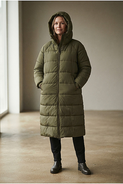 VERO MODA Dámská Khaki Prošívaná Zimní Dlouhá Bunda S Kapucí Puffer Velikost EU XL