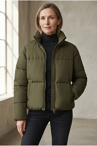 TOMMY HILFIGER Dámská Khaki Prošívaná Puffer Bunda Se Zipem Velikost XXS