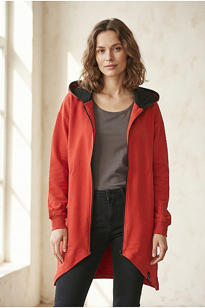 Be Wear Červená Dámská Mikina S Kapucí Na Zip Prodloužená Vel. 2XL/3XL