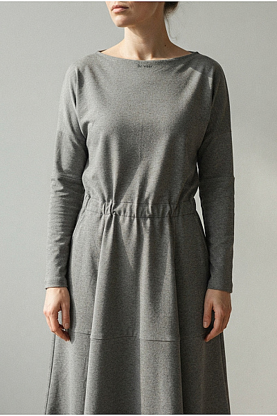 Be Wear Šedé Bavlněné Midi šaty S Dlouhým Rukávem A Kapsami Vel. XL