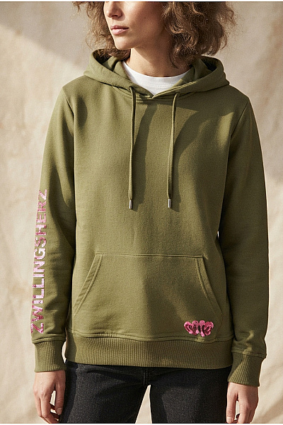 Zwillingsherz Dámská Khaki Mikina S Kapucí A Potiskem Velikost L/XL