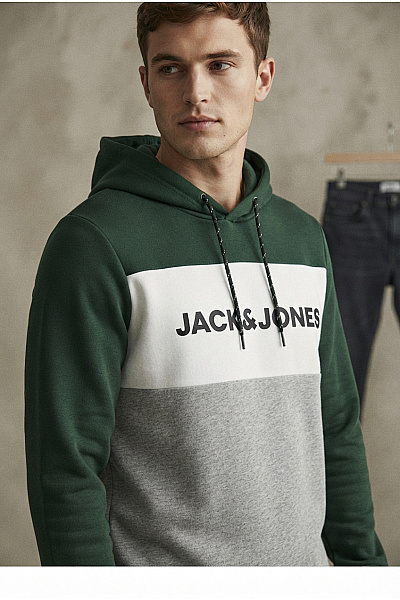 JACK & JONES Pánská Tříbarevná Mikina S Kapucí Přes Hlavu