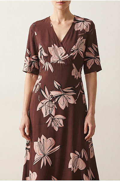 GERRY WEBER Hnědé Květované Zavinovací Midi šaty S Rukávem Velikost DE 38