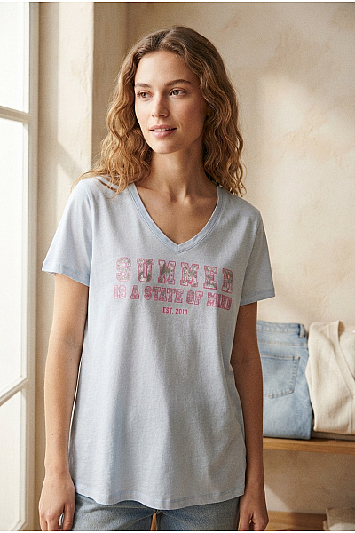 LIEBLINGSSTÜCK Dámské Modré Bavlněné Tričko S Krátkým Rukávem A Nápisem Velikost 2XL