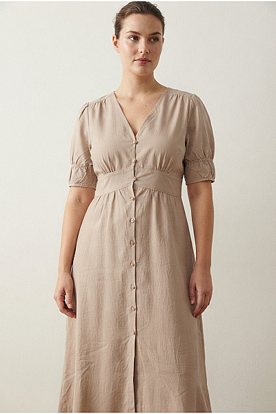 La Petite Parisienne Béžové Midi Košilové šaty Propínací Elegantní Letní Vel. M