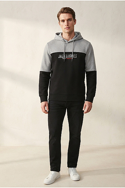 JACK & JONES Pánská černo-šedá Mikina S Kapucí A Potiskem Velikost M