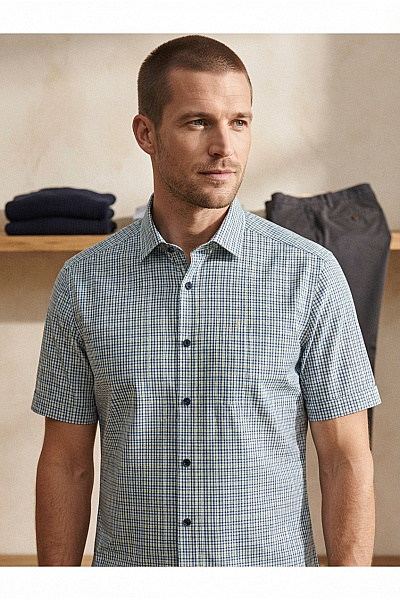 OLYMP Pánská Bavlněná Košile S Krátkým Rukávem Kostkovaná Slim Fit Business Vel. UK 16