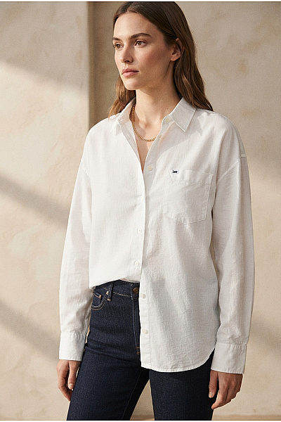 Lee Bílá Bavlněná Košile S Dlouhým Rukávem Oversized Velikost M