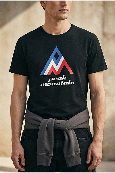 Peak Mountain Černé Bavlněné Pánské Tričko S Krátkým Rukávem A Potiskem Velikost L