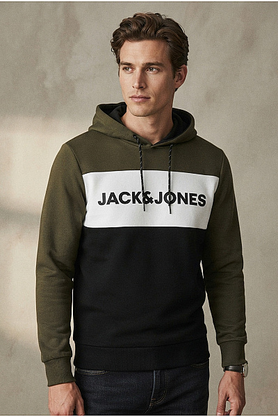 JACK & JONES Pánská Khaki Mikina S Kapucí Přes Hlavu Potiskem Vel. EU XL