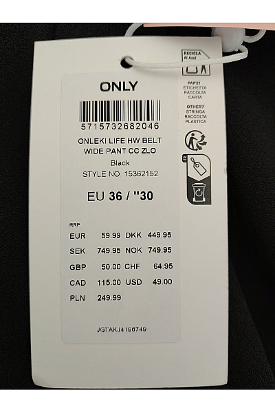 ONLY Dámské černé široké kalhoty s vysokým pasem a páskem Vel. EU 36 | ONLY | obrázek 6
