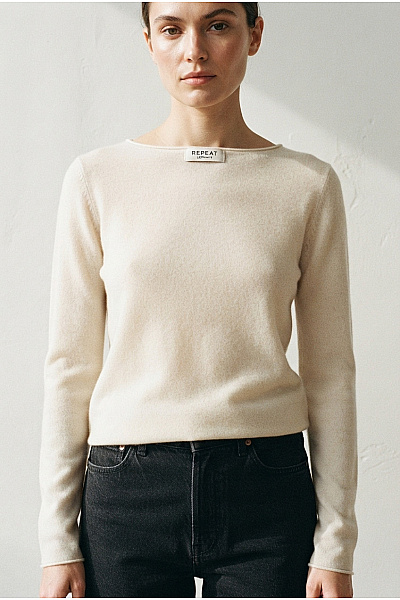 REPEAT Cashmere Béžové Kašmírové Tričko S Dlouhým Rukávem Basic Velikost L