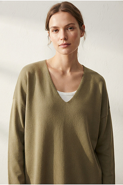 ONLY Dámský Khaki Pletený Oversized Pulovr S Výstřihem Do V Velikost L