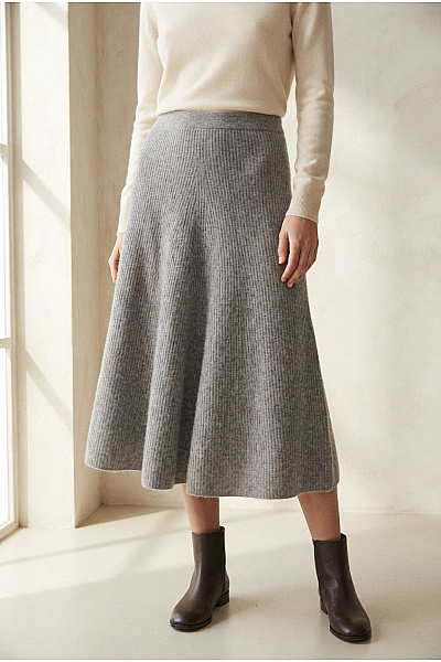 PERFECT CASHMERE Šedá Kašmírová áčková Sukně S Pružným Pasem Vel. EU S