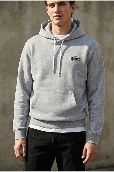 LACOSTE Pánská Bavlněná šedá Mikina S Kapucí A Klokaní Kapsou Vel. S