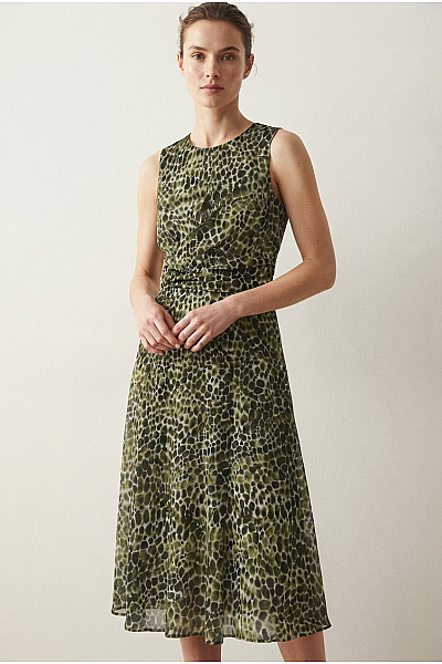 BETTY BARCLAY Khaki Midi šaty Se Zvířecím Vzorem Elegantní Letní Vel. EU 36