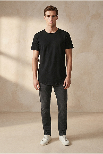 JACK & JONES Černé Bavlněné Tričko S Krátkým Rukávem A Prodlouženým Zadním Dílem