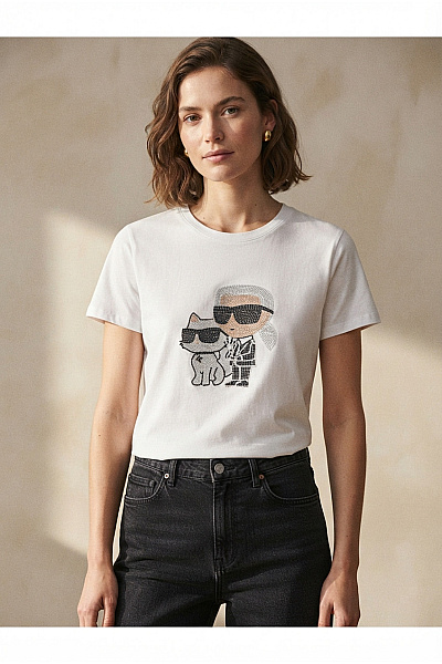 Karl Lagerfeld Bílé Bavlněné Dámské Tričko S Krátkým Rukávem A Potiskem Vel. S